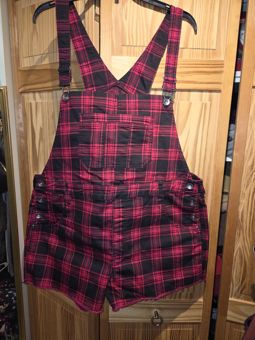 Red and Black Plaid Short Overalls From HOT TOPIC